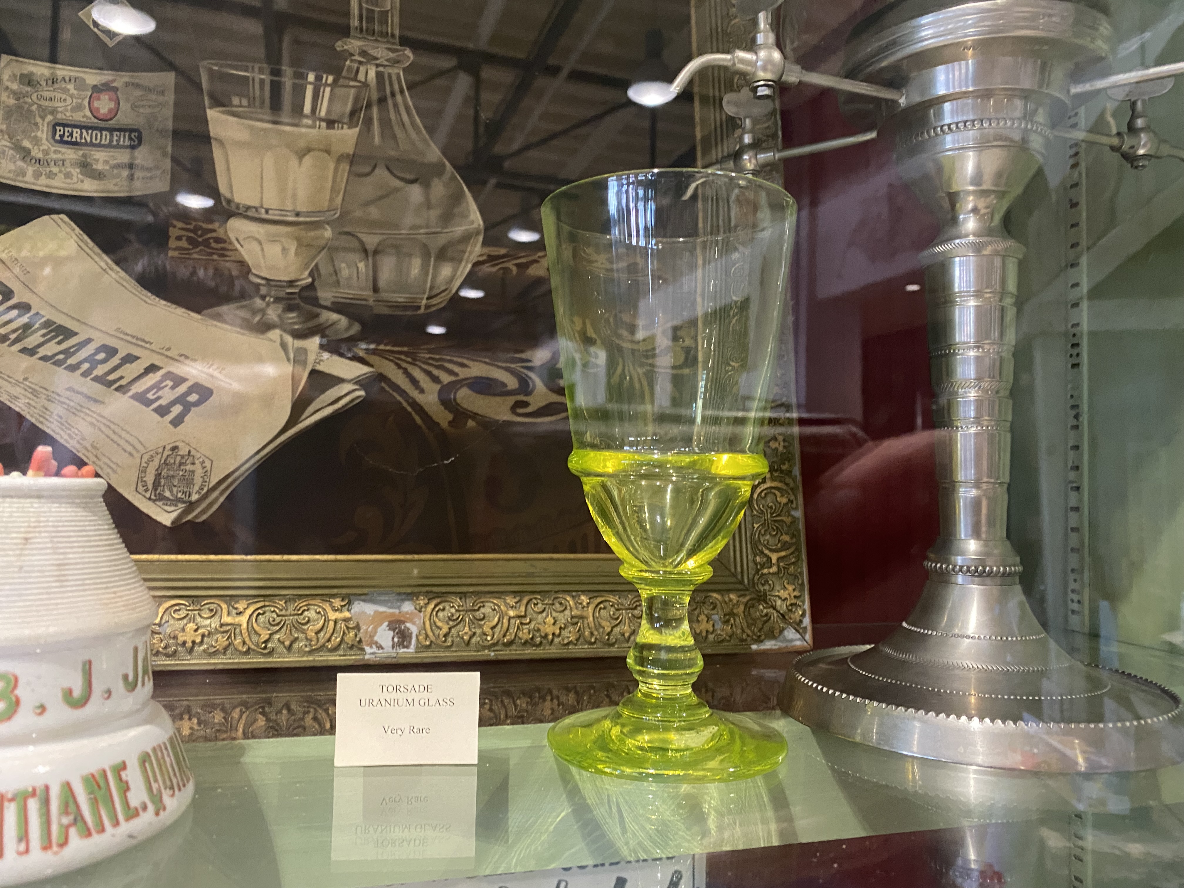 Uranium Glass in the Absinthe Museum, an exhibit in the Southern Food and Beverage Museum in New Orleans
